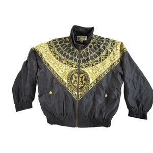 Vintage Giacca Sport Jacket Women Large Navy Silk Bomber Baroque Chain Print 90s